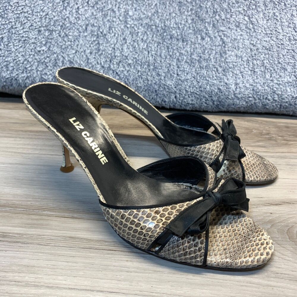 Liz Carine Snakeprint Leather Open Toe Bow Kitten Heel‎ Size 39.5 / 9.5 Italy